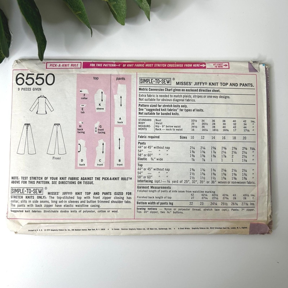 Simplicity 6550 Jiffy Knits Misses Knit Top Pants Sewing Pattern Size 10 Vintage - Picture 2 of 2